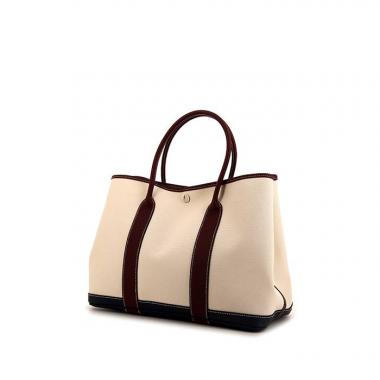 Bolso Cabás Hermes Garden en cuero color burdeos y azul y lona beige