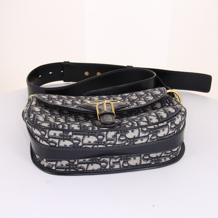 Dior Oblique shoulder bag in blue and cream color monogram canvas Oblique and blue leather - Detail D4