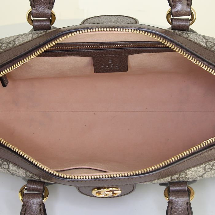 Sac Gucci Ophidia moyen modèle en toile monogram beige et cuir marron - Detail D3