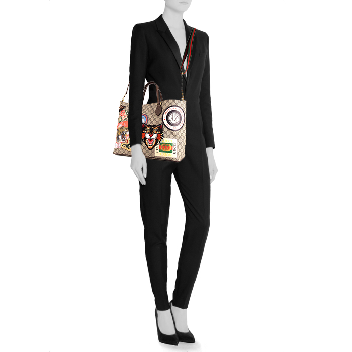 Shopping bag Gucci Suprême GG in tela monogram cerata beige motivi e pelle marrone - Detail D2