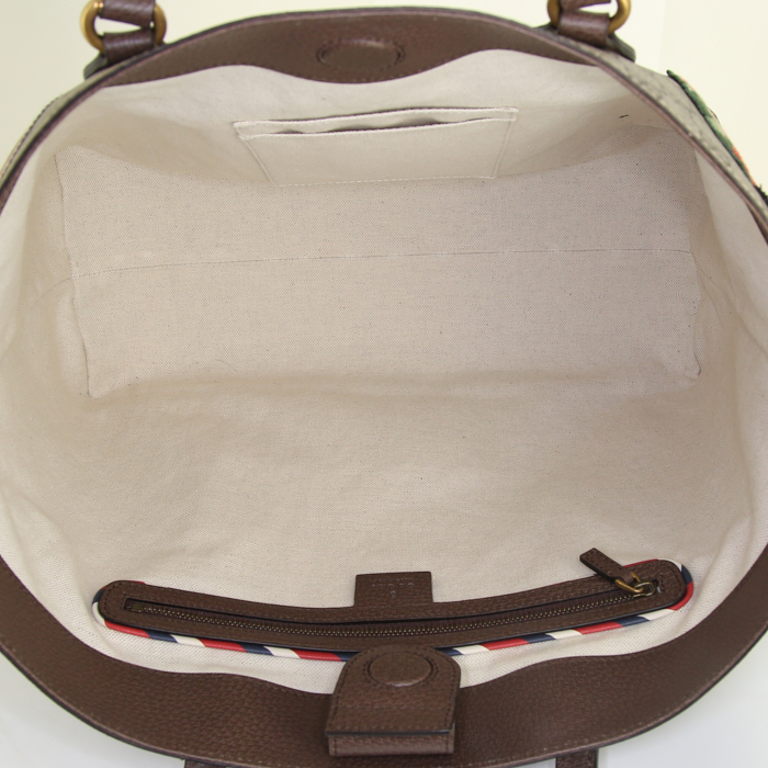 Gucci Suprême GG shopping bag in beige monogram canvas and brown leather - Detail D3