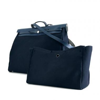 Borsa da viaggio Hermes Herbag in tela blu scuro e pelle blu scuro