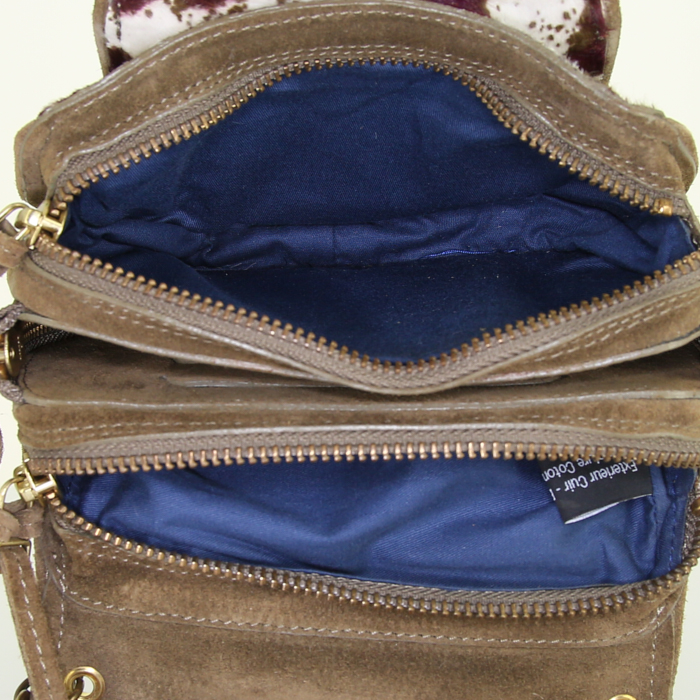 Bolso bandolera Jerome Dreyfuss Momo mini en piel de potro tricolor beige, marrón y violeta y ante marrón - Detail D2