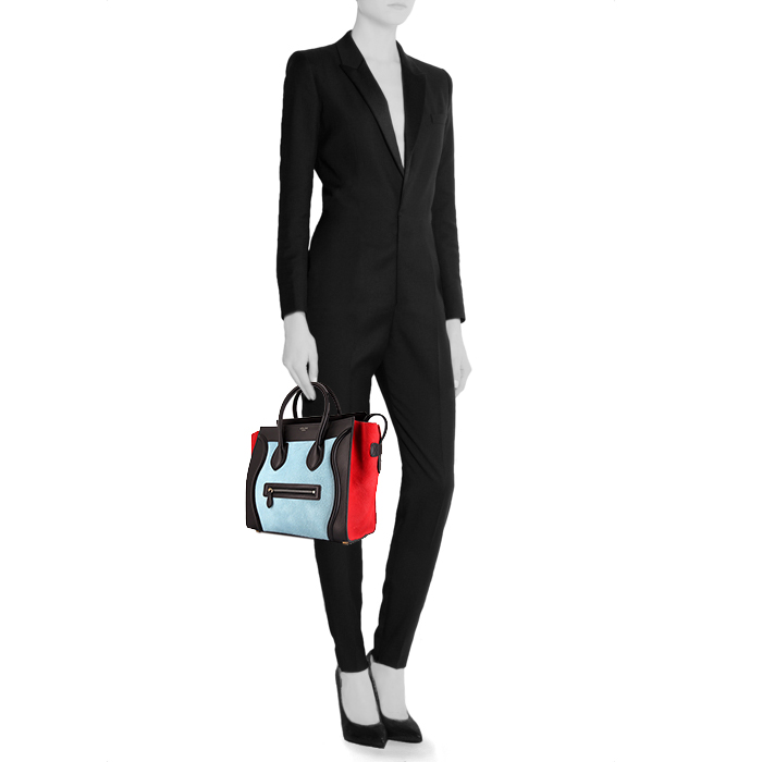 Celine Luggage Mini medium model handbag in light blue and red foal and black leather - Detail D1