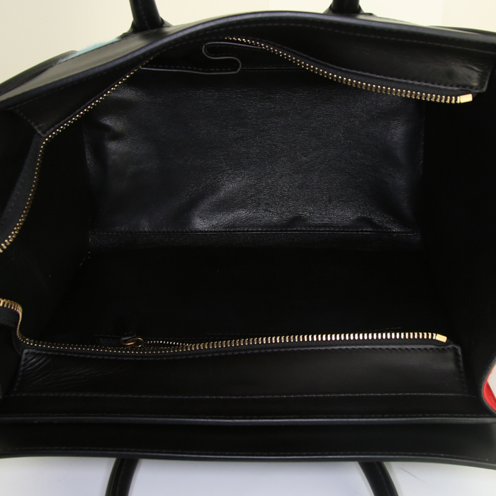 Celine Luggage Mini medium model handbag in light blue and red foal and black leather - Detail D2