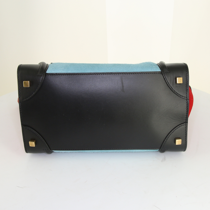 Celine Luggage Mini medium model handbag in light blue and red foal and black leather - Detail D4