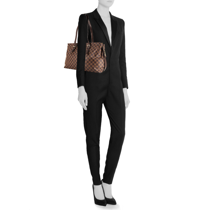 Shopping bag Louis Vuitton Chelsea in tela a scacchi marrone e pelle marrone - Detail D1