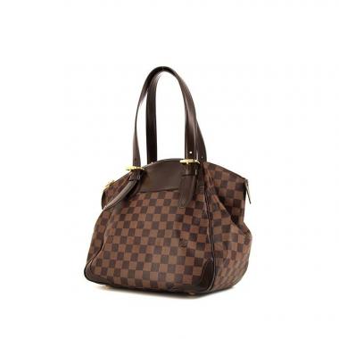 Sac à main Louis Vuitton Verona en toile damier enduite ébène et cuir glacé marron