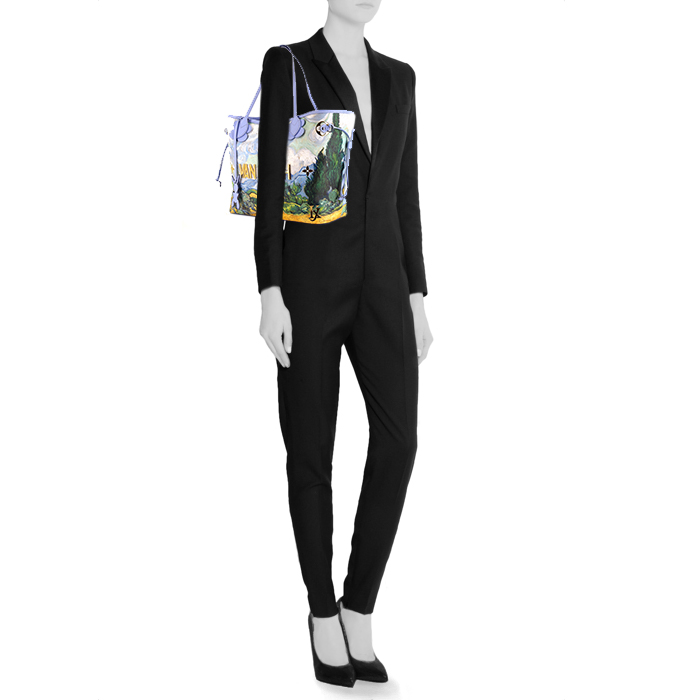 Shopping bag Louis Vuitton Neverfull modello medio in tela con stampa celeste con motivo e pelle celeste - Detail D1