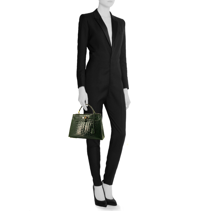 Hermes Kelly 32 cm handbag in Vert Emeraude crocodile - Detail D1