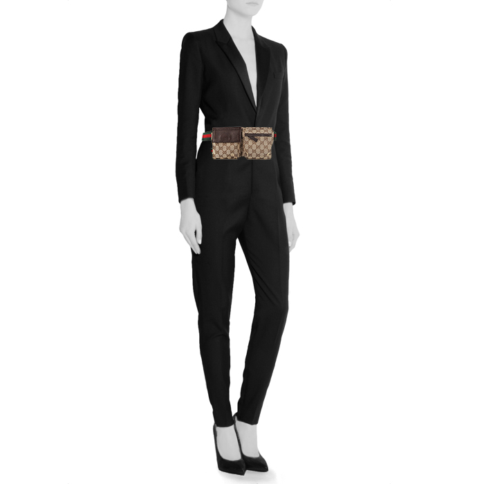 Gucci Suprême GG clutch-belt in grey monogram canvas and brown leather - Detail D1