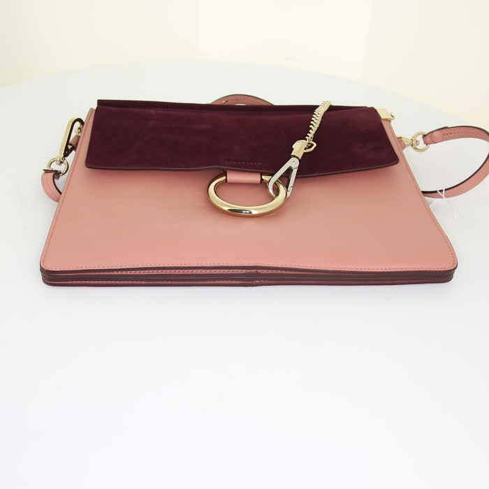 Bolso de mano Chloé Faye en cuero rosa y ante color burdeos - Detail D4