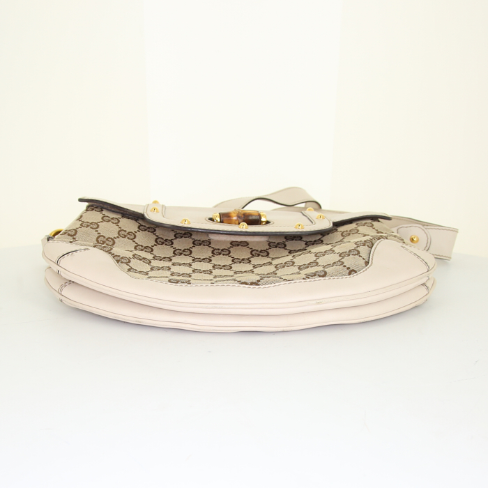 Borsa a tracolla Gucci Bamboo in pelle ecru e tela monogram beige - Detail D5