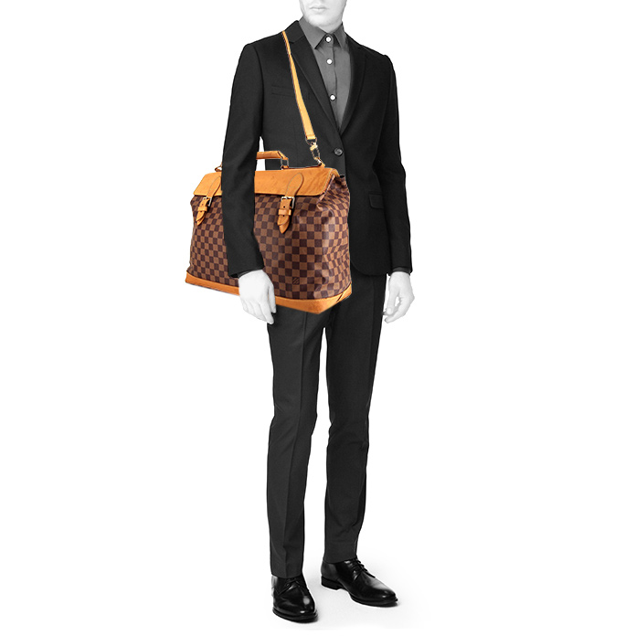 Sac de voyage Louis Vuitton Greenwich en toile damier marron et cuir naturel - Detail D2