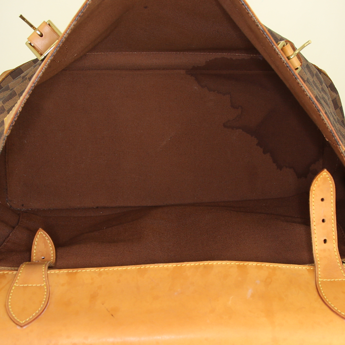 Borsa da viaggio Louis Vuitton Greenwich in tela a scacchi marrone e pelle naturale - Detail D3
