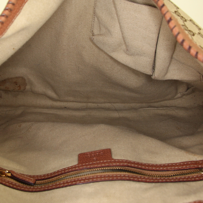 Sac à main Gucci Jackie en toile siglée beige et cuir marron - Detail D2