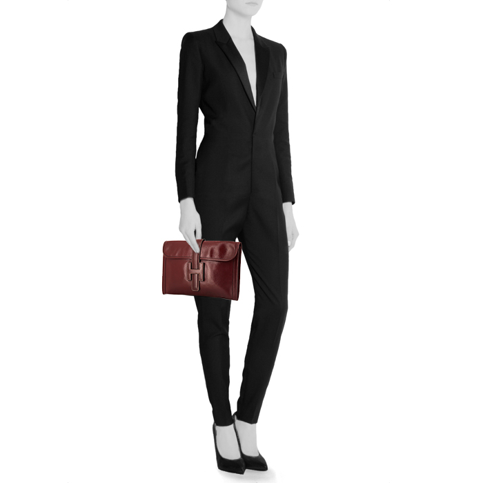 Pochette Hermes Jige en cuir box bordeaux - Detail D1