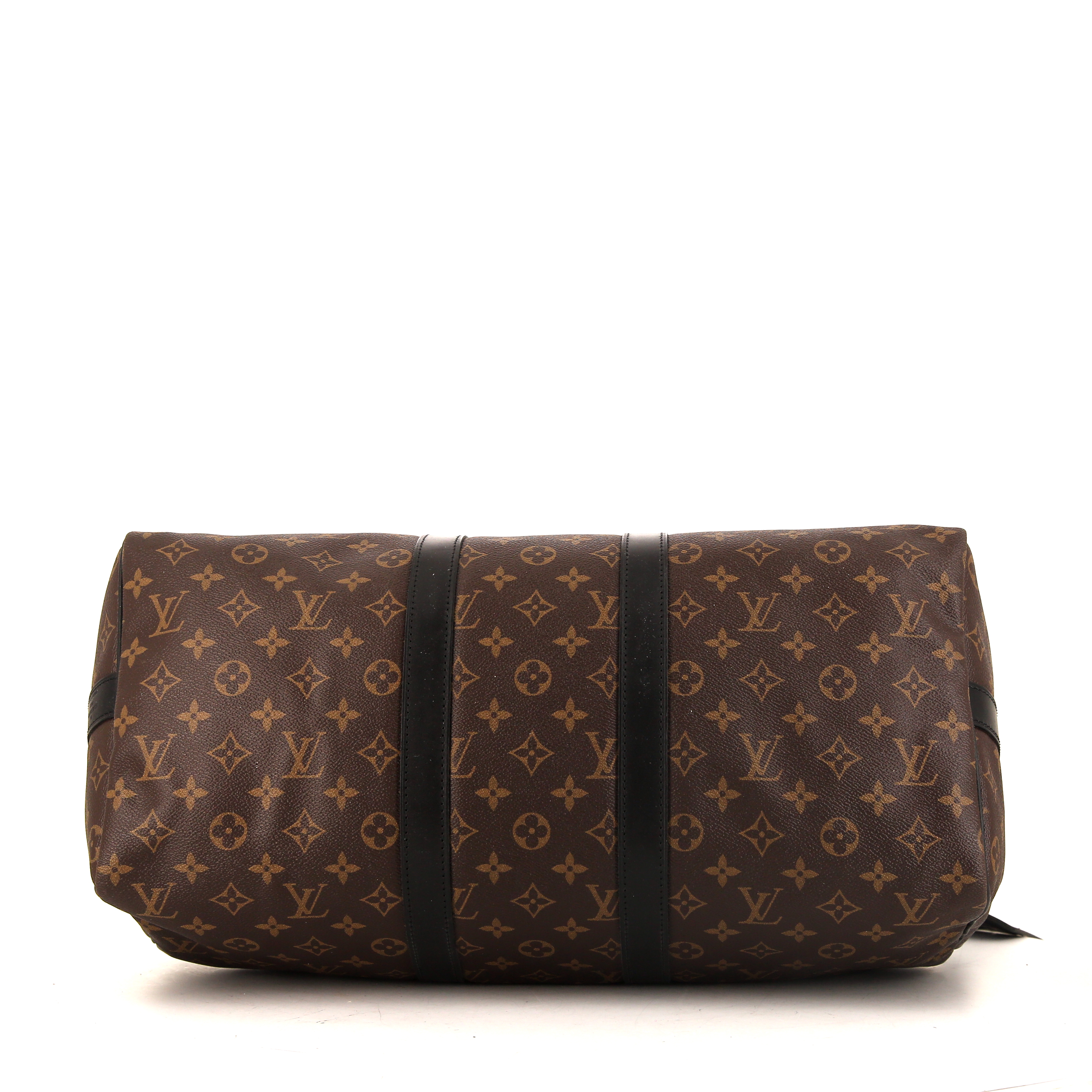 Bolsa de viaje Louis Vuitton Keepall 45 en lona Monogram Macassar y cuero negro - Detail D5
