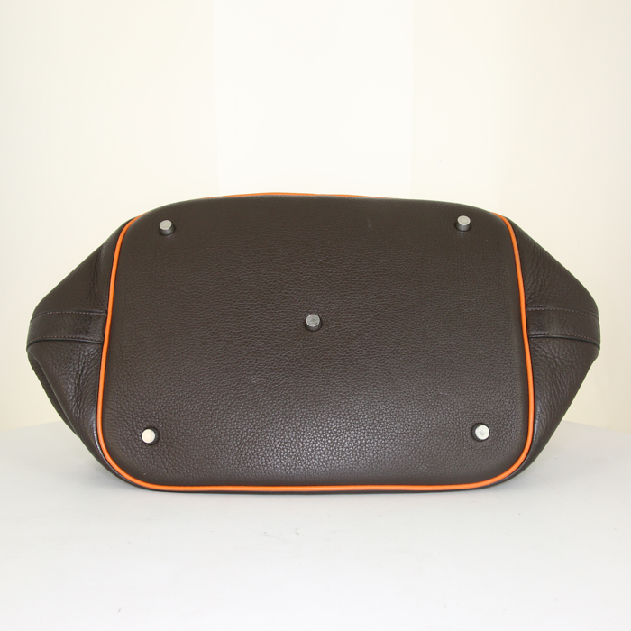 Sac à main Hermes Picotin taille XXL en cuir togo marron et jonc orange - Detail D4