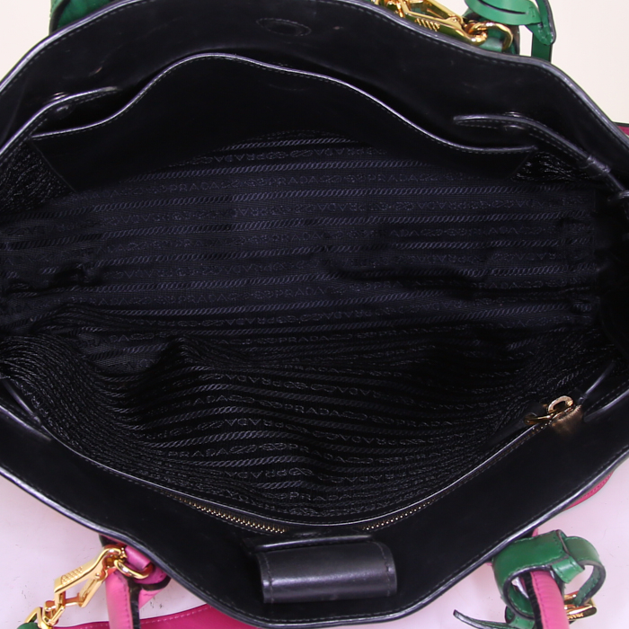 Prada Bibliothèque large model shoulder bag in green, pink and white leather - Detail D3