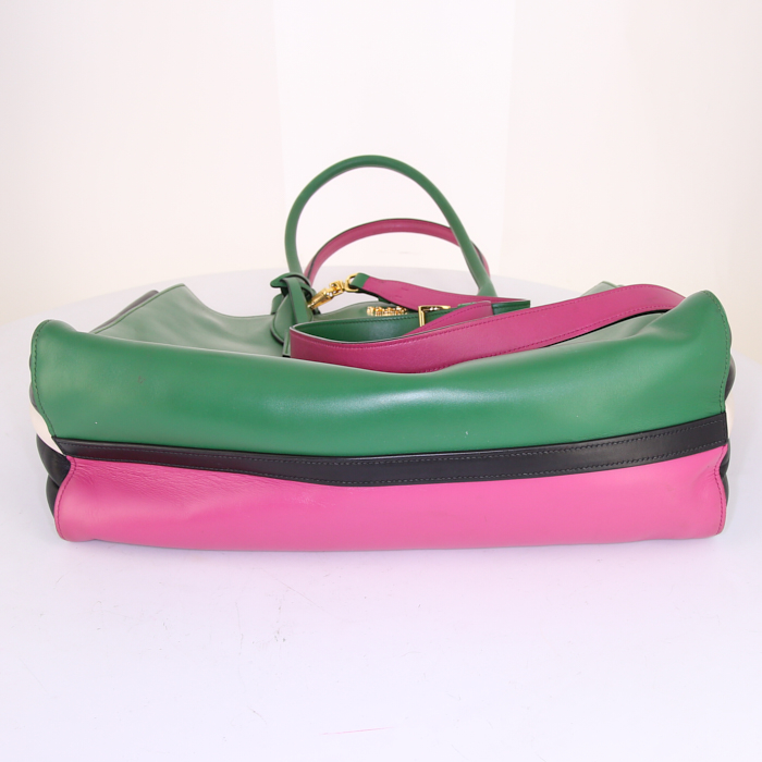Prada Bibliothèque large model shoulder bag in green, pink and white leather - Detail D5