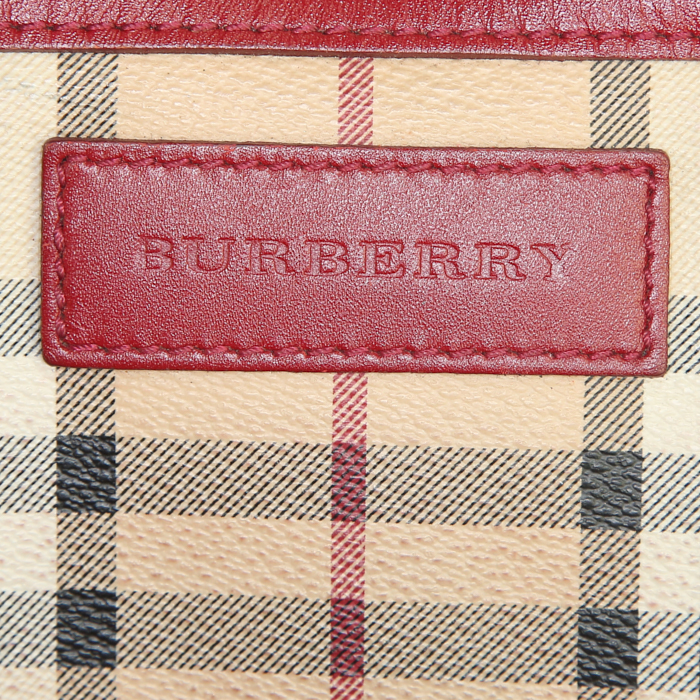 Bolso para llevar al hombro o en la mano Burberry Canterbury en lona Haymarket beige y cuero color burdeos - Detail D3