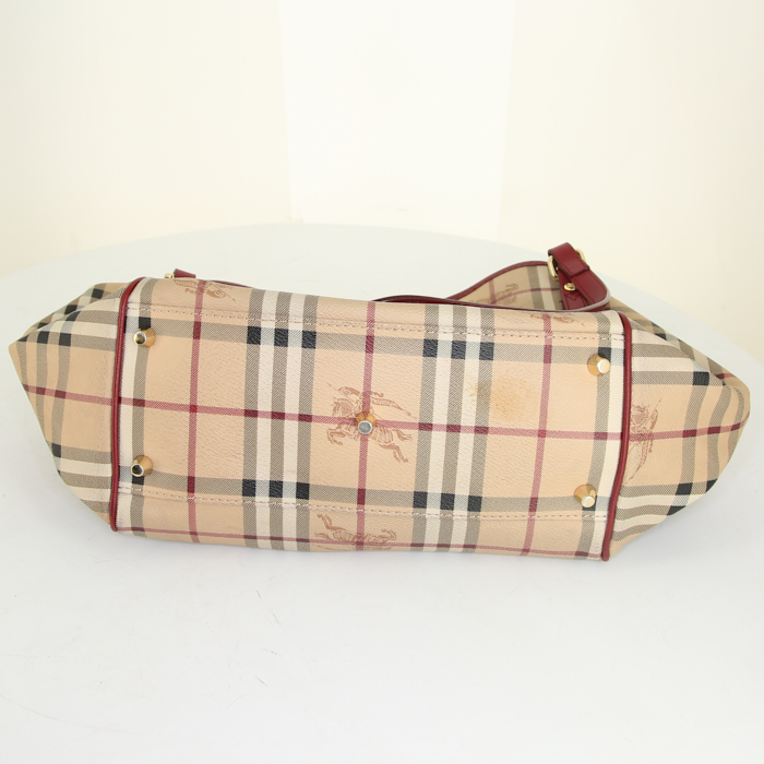 Bolso para llevar al hombro o en la mano Burberry Canterbury en lona Haymarket beige y cuero color burdeos - Detail D4