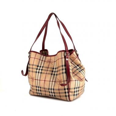Bolso para llevar al hombro o en la mano Burberry Canterbury en lona Haymarket beige y cuero color burdeos