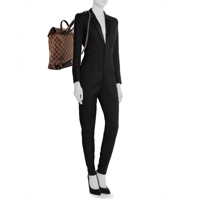Louis Vuitton Soho backpack in ebene damier canvas and brown leather - Detail D1