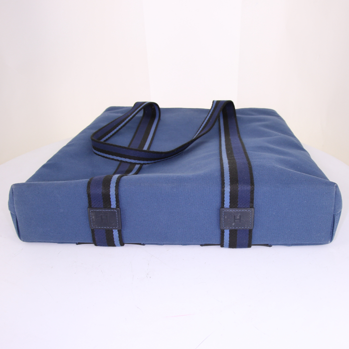 Bolso de mano Hermes Toto Bag - Shop Bag en lona azul y cuero negro - Detail D4