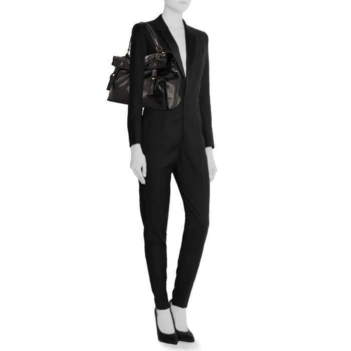 Yves Saint Laurent Muse Two large model handbag in black patent leather and black suede - Detail D1