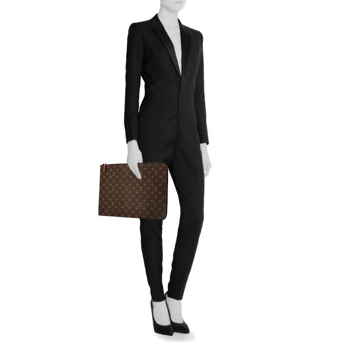 Louis Vuitton Poche-documents large model pouch in brown monogram canvas and cognac leather - Detail D1