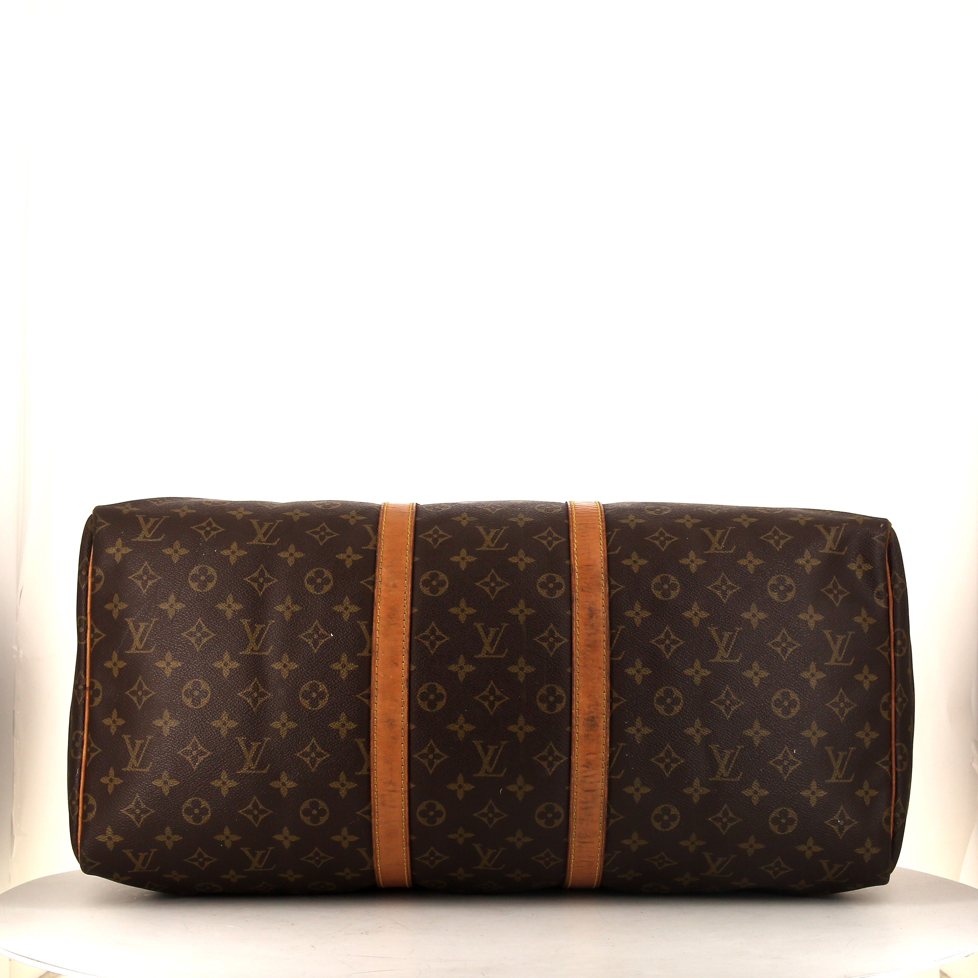 Louis Vuitton Keepall 55 cm travel bag in brown monogram canvas and natural leather - Detail D4