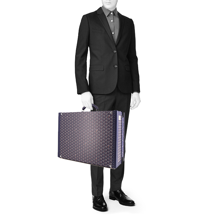 Goyard Grand Hôtel rigid suitcase in blue Goyard canvas and blue leather - Detail D1