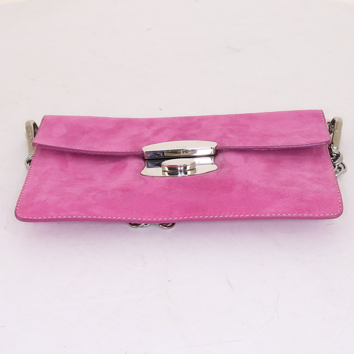 Sac porté épaule ou main Prada Sound en daim rose - Detail D4