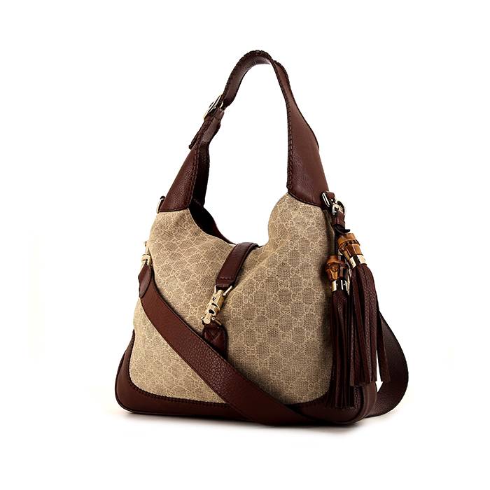 Sac à main Gucci Jackie en cuir marron et toile monogram beige