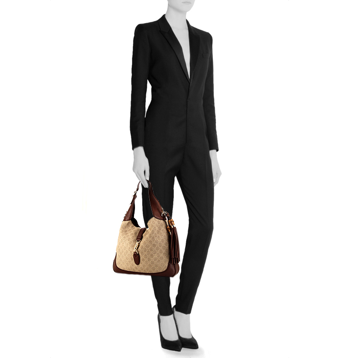 Bolso de mano Gucci Jackie en cuero marrón y lona Monogram beige - Detail D1