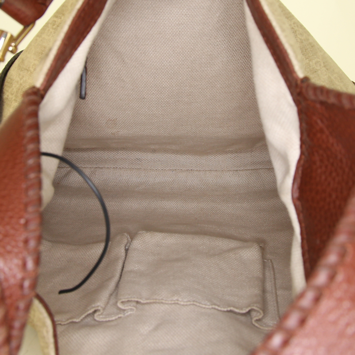 Gucci Jackie handbag in brown leather and beige monogram canvas - Detail D3