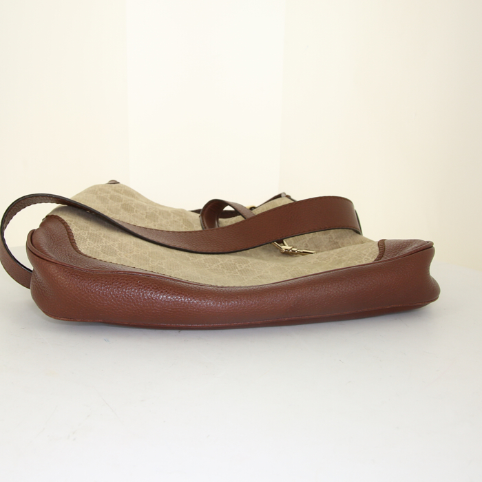 Bolso de mano Gucci Jackie en cuero marrón y lona Monogram beige - Detail D5