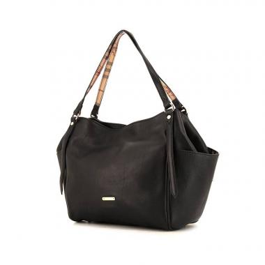 Burberry Canterbury shopping bag in black leather and beige Haymarket canvas