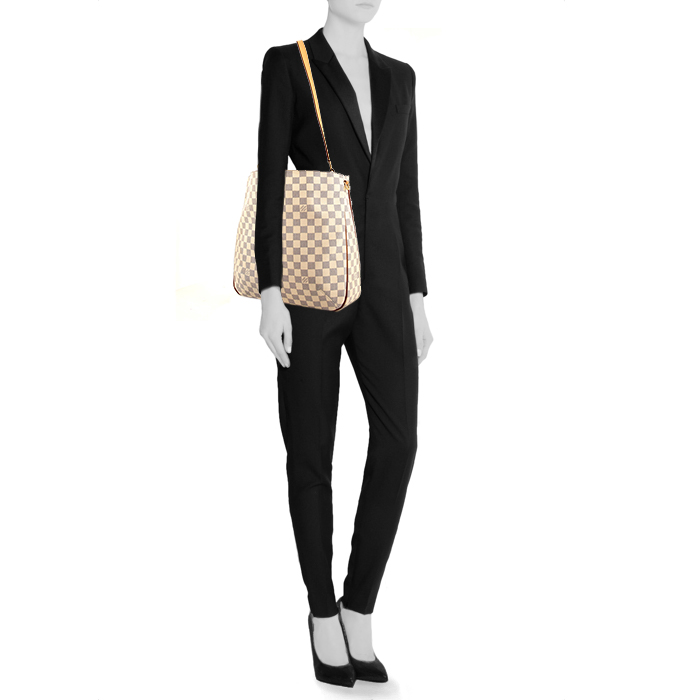 Louis Vuitton Soffi shopping bag in azur damier canvas and natural leather - Detail D1