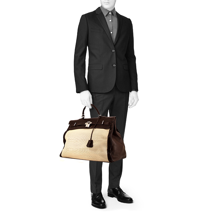 Sac de voyage Hermès Kelly en cuir Barénia marron et crin de cheval tressé beige - Detail D1