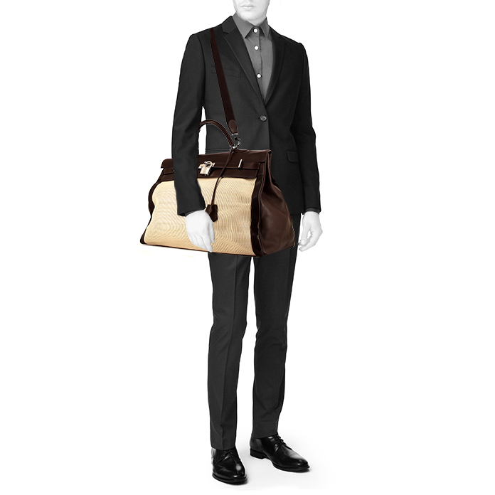 Borsa da viaggio Hermès Kelly in pelle Barenia marrone e crine di cavallo intrecciato beige - Detail D2