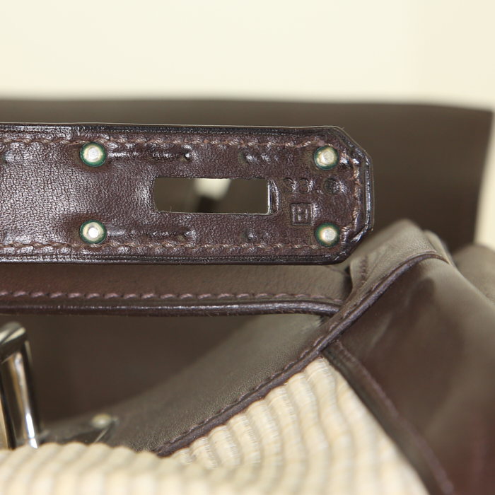 Sac de voyage Hermès Kelly en cuir Barénia marron et crin de cheval tressé beige - Detail D5