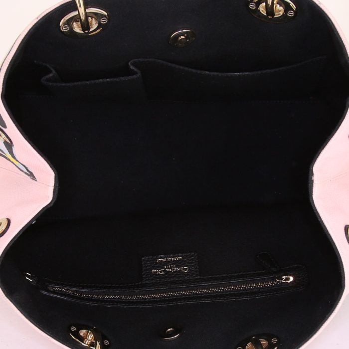 Dior Diorissimo medium model shopping bag in pink, yellow and light blue canvas and black patent leather - Detail D3