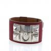 Bracelet manchette Hermes Médor en palladium et cuir Swift "rose-framboise écrasée" - 360 thumbnail
