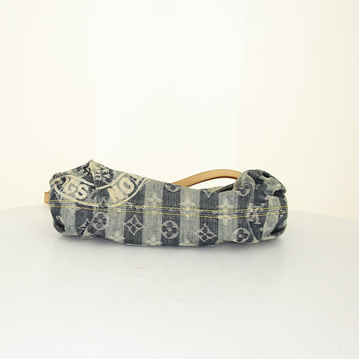 Borsa da spalla o a mano Louis Vuitton Pleaty in tela denim monogram bicolore blu e pelle naturale - Detail D4