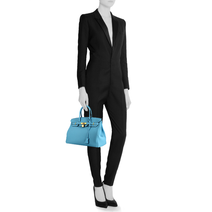 Sac Hermes Birkin 35 cm en cuir togo Bleu du nord - Detail D1