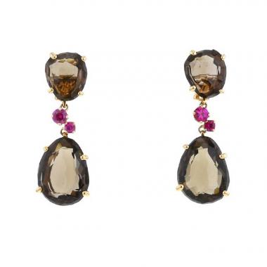 Paire de pendants d'oreilles Pomellato Bahia en or rose,  quartz fumé et rubis