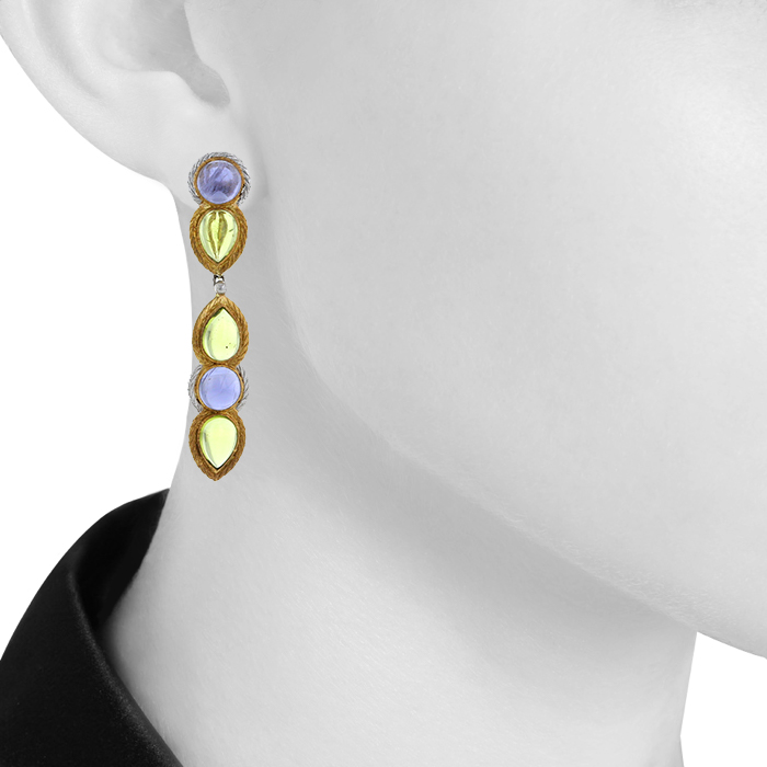 Orecchini pendenti trasformabili Buccellati in oro bianco,  oro giallo e pietre colorate - Detail D1